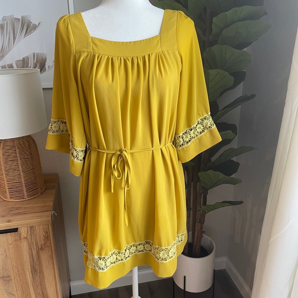 Yellow Lace Shift Dress with Tie Waist